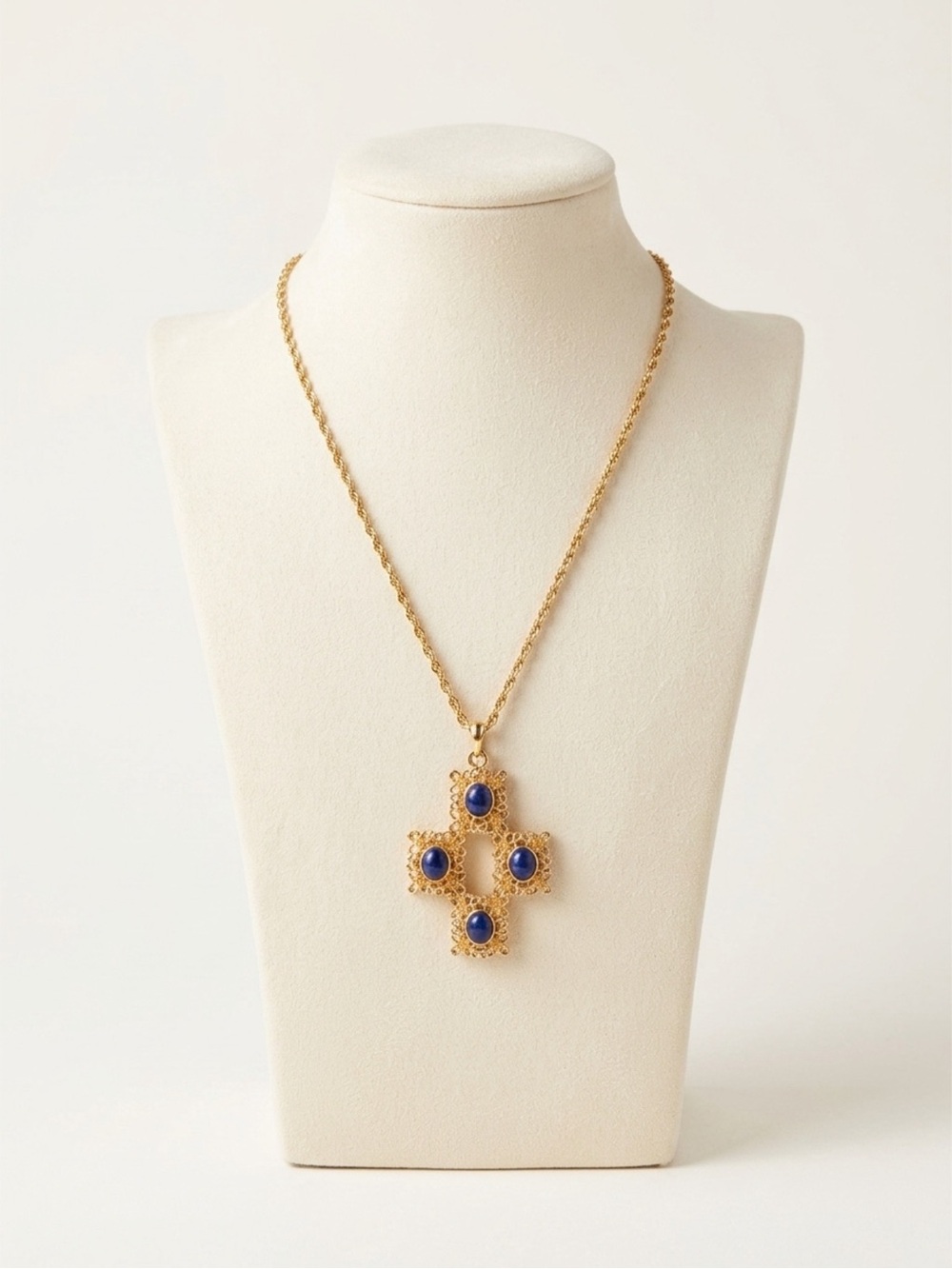Vintage Sarah Coventry Victoria Blue Filigree Cross Pendant Necklace